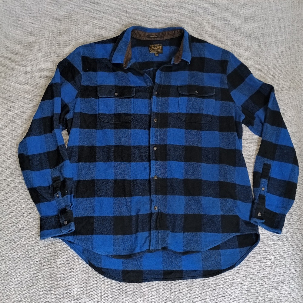 Lucky Brand Flannel Shirt Mens XXL Blue Black Excellent Saturday Stretch Plaid